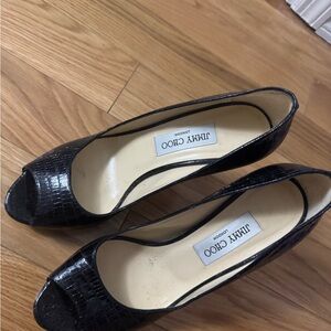 Jimmy Choo Black Croc-Embossed Peep-Toe Heels